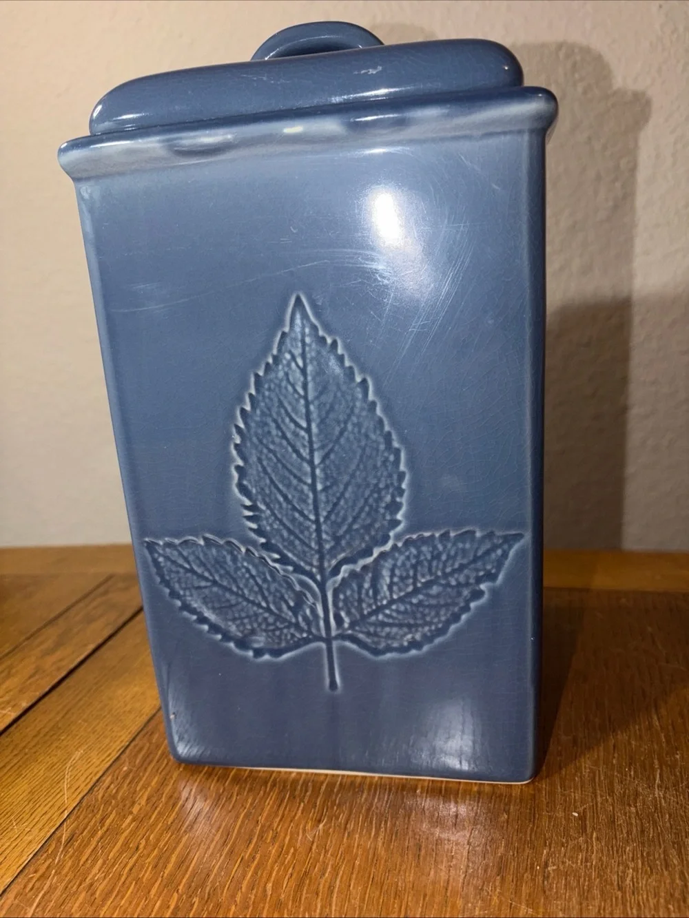 Vintage Lillian Vernon Kitchen Canister Blue Embossed Leaf Ceramic 11” - Picture 3 of 10